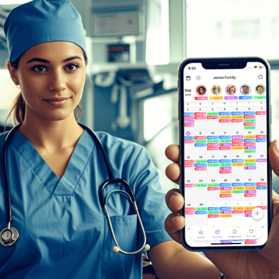 Nurse using a shared family calendar to plan family activities with her spouse and children.