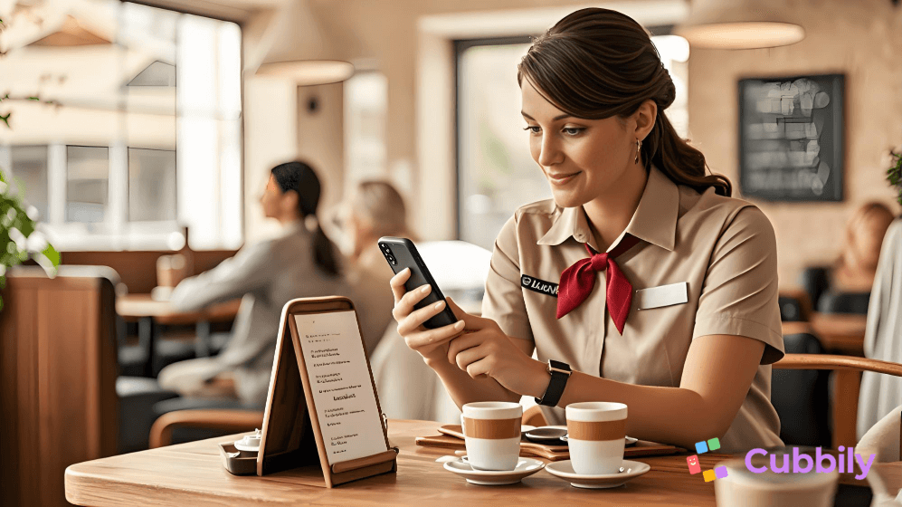 Mother in a restaurant uniform using a shared calendar app on her phone to coordinate schedules with her family in a cozy living room.