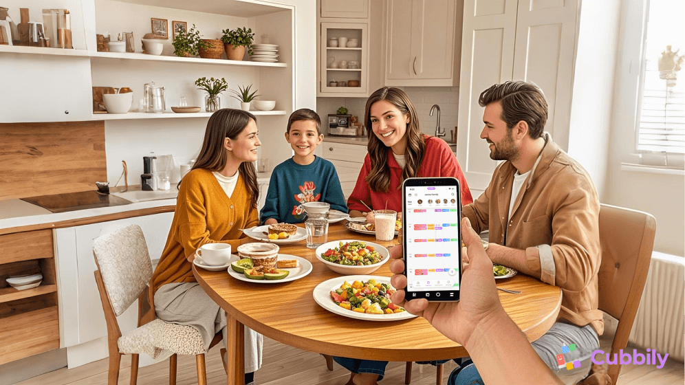 Nurse and her husband planning family activities using a shared calendar at their dining table.
