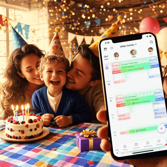 Family celebrating a birthday with a shared calendar app open, showing how to plan future family events.