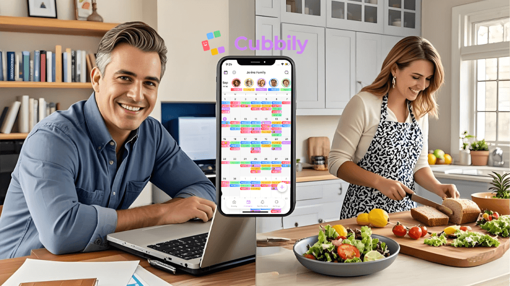 Father planning dinner with a shared calendar app, while mother preps healthy meals in the kitchen.